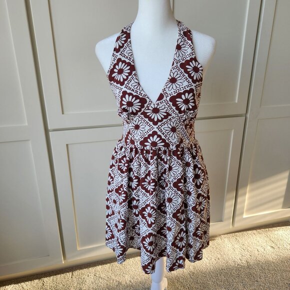 Urban Outfitters Dresses & Skirts - Urban Outfitters Brown White Floral Halter Mini Dress Summer Beach Festival Cute